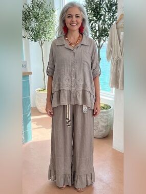 Rashasworld 100% linen taupe embroidered ruffle Wide Leg Pants & Top Set O/S
